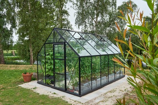 Universal 128 juodas (9,9 m2; 2,57 x 3,84 m) grūdintu stiklu + pamatas